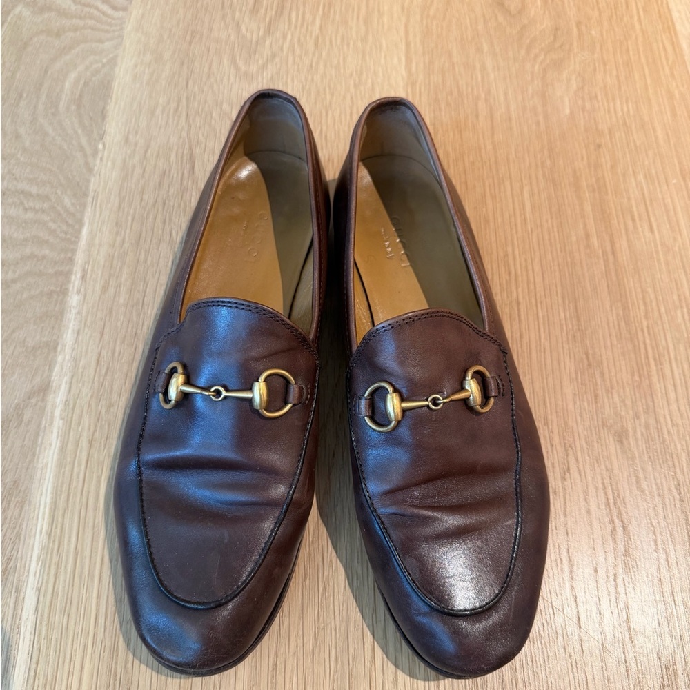 Gucci Jordaan Dark Brown Leather Loafers with Gold Hardware